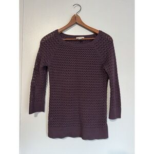 LOFT Purple Eggplant Crocheted Pullover Sweater 3/4 Sleeve Small Round Neck